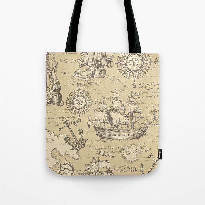 Vintage abstract seamless pattern on the theme of travel, adventure and discovery and pirates. Vintage repeating background with hand-drawn ships, anchors, wind rose and islands.  Tote Bag