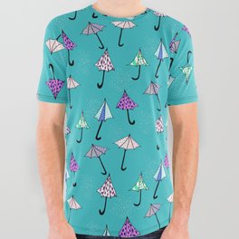 Umbrellas and Rain on Blue All Over Graphic Tee