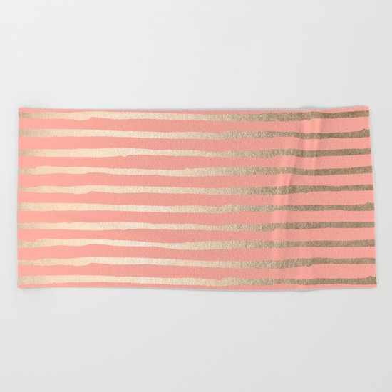 Abstract Stripes Gold Coral Pink Beach Towel