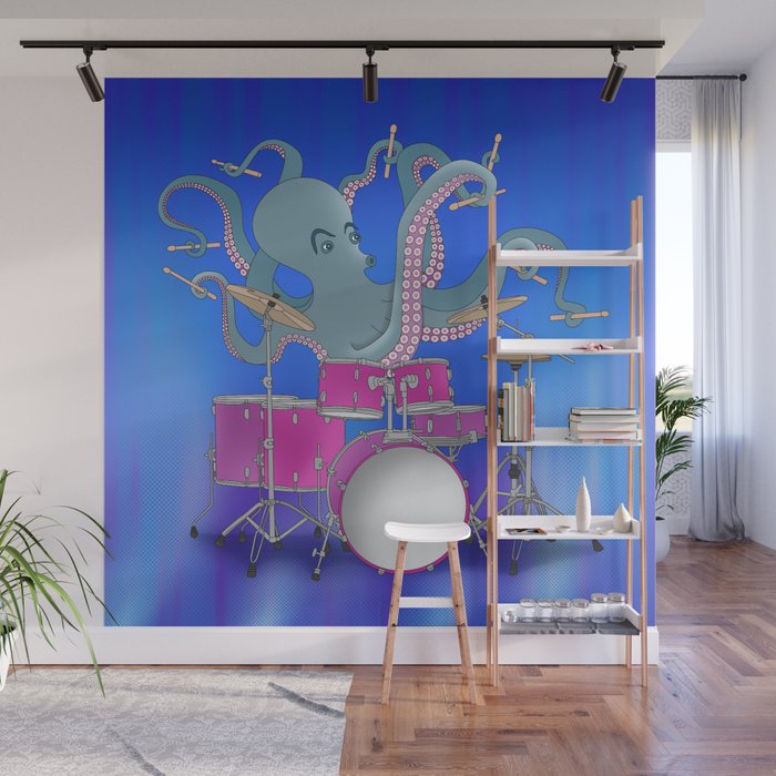Octopus Playing Drums - Blue Wall Mural