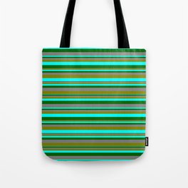 [ Thumbnail: Grey, Green, Aqua & Dark Green Colored Stripes/Lines Pattern Tote Bag ]