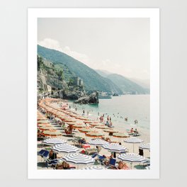Coastline Monterosso Al Mare on film | Cinque Terre, Italy | Summer in Italy | Beach with umbrellas Art Print
