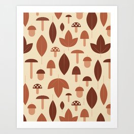 Autumn Botanical Leaves, Mushrooms and Acorns Minimalist Geometric Pattern in Beige, Brown and Burnt Orange Art Print