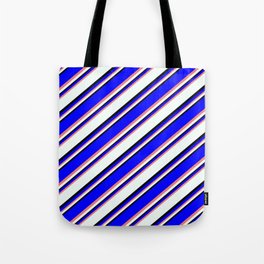[ Thumbnail: Blue, Light Coral, Mint Cream & Black Colored Lined Pattern Tote Bag ]