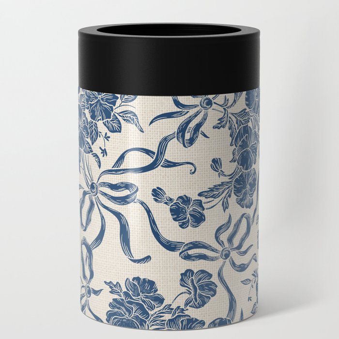 Chic Modern Vintage Ivory Navy Blue Floral Pattern Can Cooler
