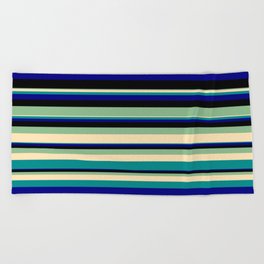 [ Thumbnail: Vibrant Dark Sea Green, Beige, Dark Cyan, Blue & Black Colored Striped/Lined Pattern Beach Towel ]