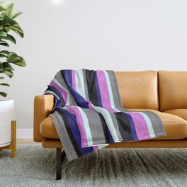 [ Thumbnail: Eye-catching Midnight Blue, Orchid, Light Cyan, Gray, and Black Colored Stripes/Lines Pattern Throw Blanket ]