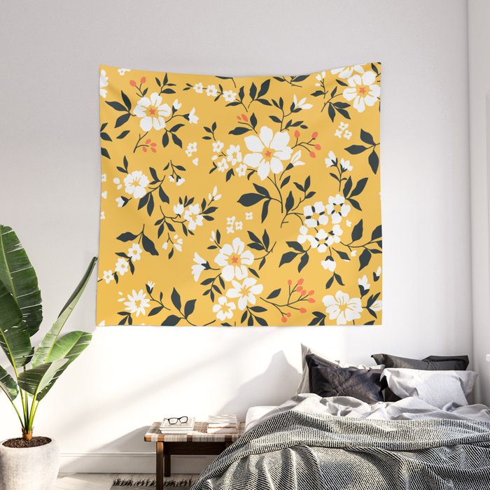 Cute floral pattern in the small flowers. Elegant print. Printing with  small cream beige flowers. Light amber yellow background. Wall Tapestry by  Ann&Pen