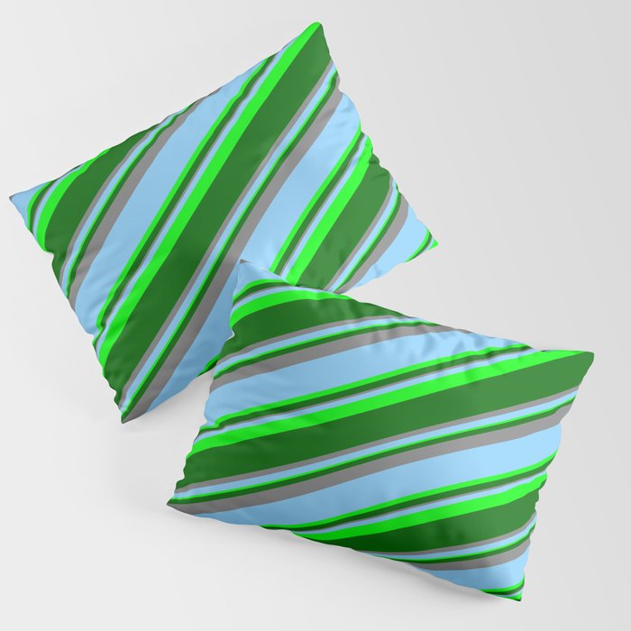 Light Sky Blue, Lime, Dark Green & Grey Colored Striped Pattern Pillow Sham