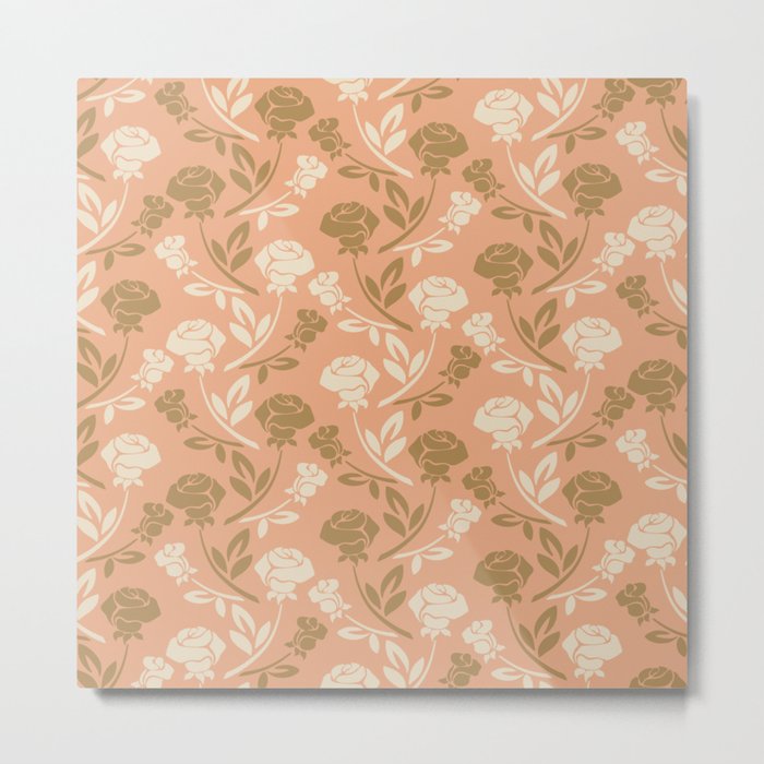 Gold and antique White Mid-Century Roses Pattern on Peach Orange Metal Print