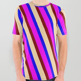 [ Thumbnail: Blue, Fuchsia, Maroon, and Tan Colored Lined Pattern All Over Graphic Tee ]
