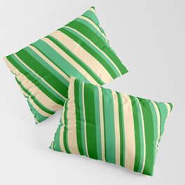[ Thumbnail: Sea Green, Green & Beige Colored Striped/Lined Pattern Pillow Sham ]