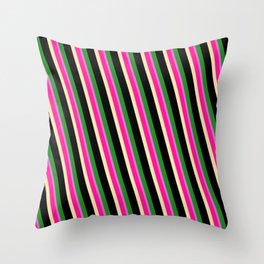 [ Thumbnail: Vibrant Deep Pink, Beige, Black, Forest Green, and Orchid Colored Lines Pattern Throw Pillow ]