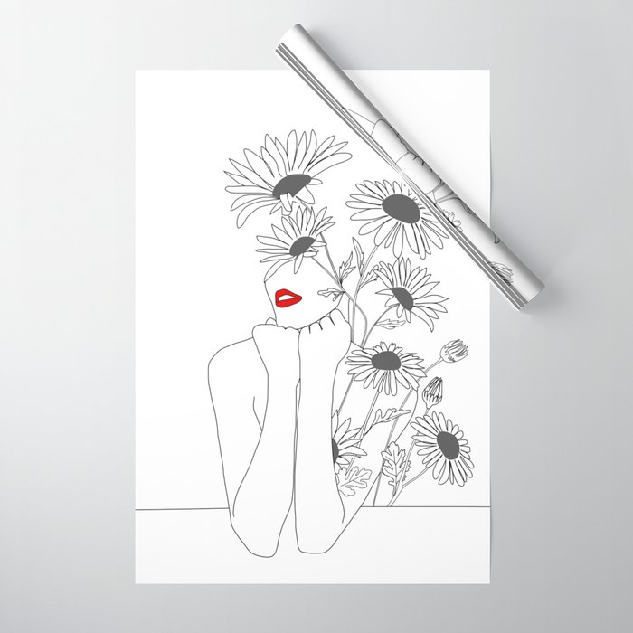 Minimal Line Art Girl with Sunflowers Wrapping Paper
