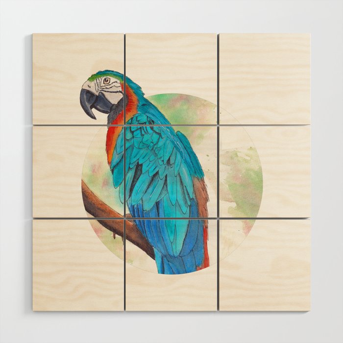 Blue Parrot in Watercolor and Ink Wood Wall Art
