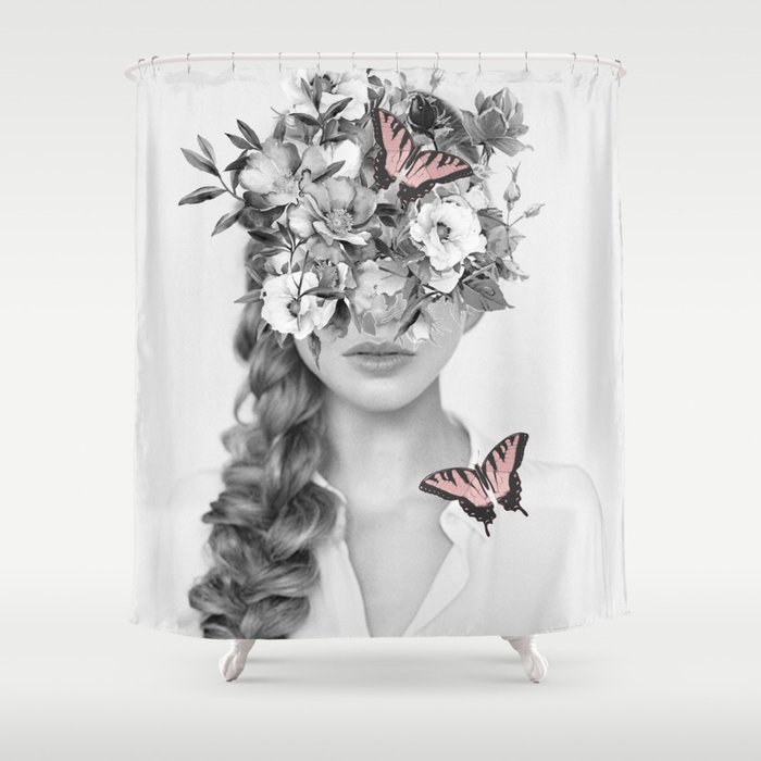 woman with flowers and butterflies 9a Shower Curtain