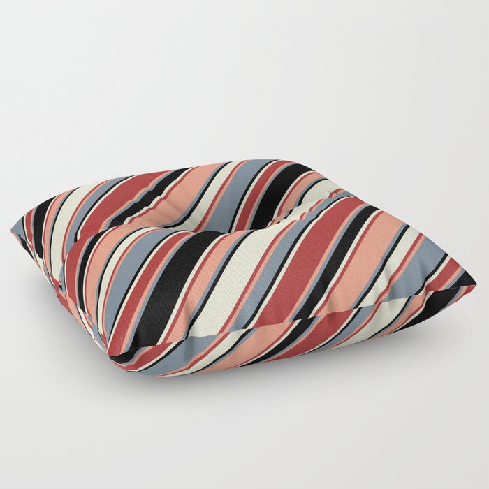 Vibrant Dark Salmon, Slate Gray, Black, Light Yellow, and Brown Colored Lines/Stripes Pattern Floor Pillow