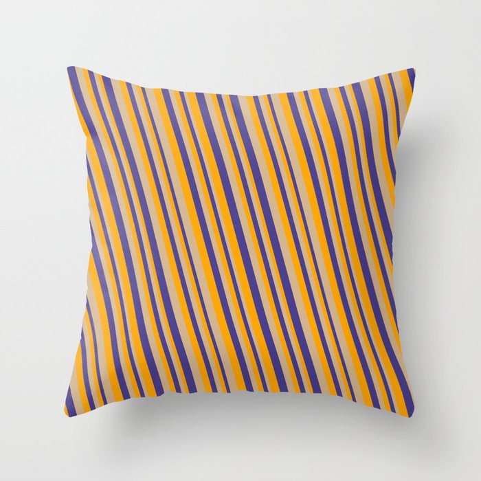 Orange, Tan, and Dark Slate Blue Colored Striped Pattern Throw Pillow