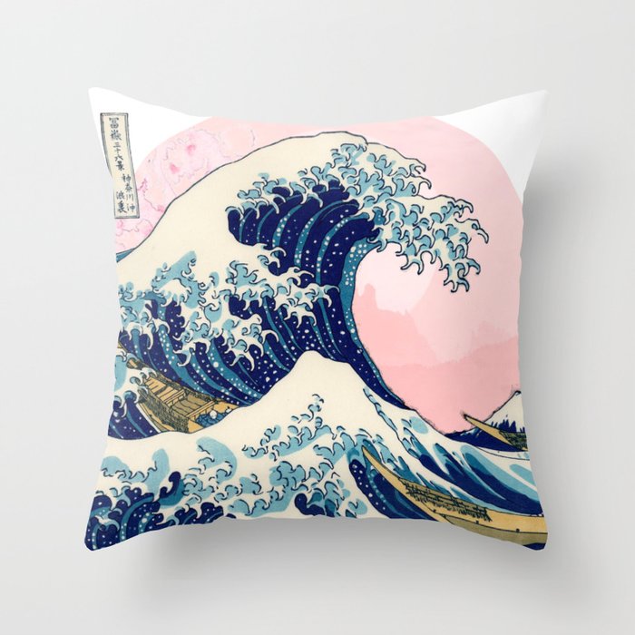 The Great Wave off Kanagawa by Hokusai in pink Throw Pillow