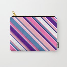 [ Thumbnail: Colorful Hot Pink, Light Pink, Blue, Indigo & White Colored Stripes Pattern Carry-All Pouch ]