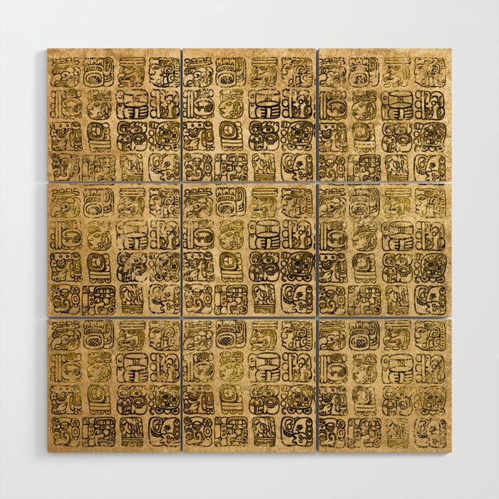 Mayan and aztec glyphs gold on vintage texture Wood Wall Art