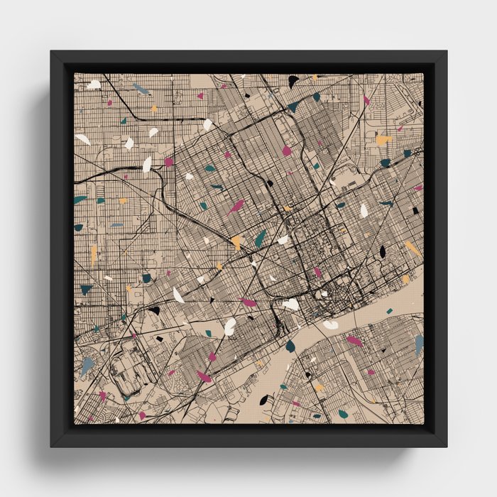 Detroit, Michigan - City Map - Terrazzo Aesthetic Framed Canvas