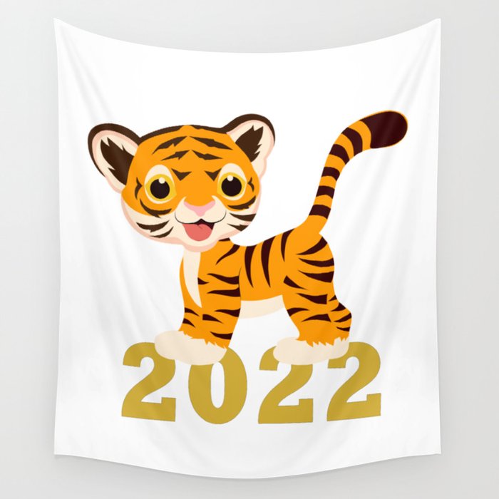 Happy New Year 2022 With Funny Tiger Cub Wall Tapestry