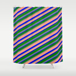 [ Thumbnail: Slate Gray, Light Salmon, Blue & Green Colored Lines/Stripes Pattern Shower Curtain ]
