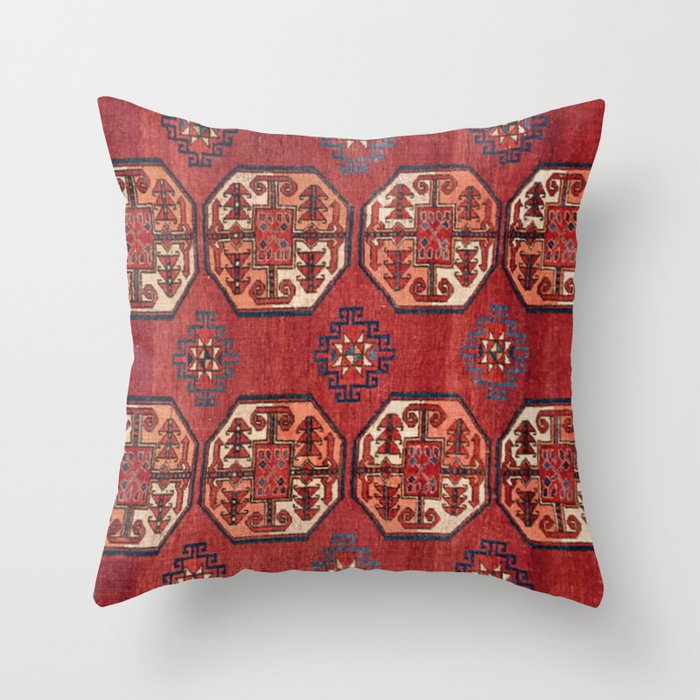 Orange Red Turkestan Medallions 19th Century Authentic Colorful Geometric Vintage Patterns Throw Pillow
