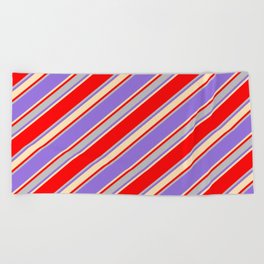 [ Thumbnail: Red, Grey, Purple & Beige Colored Stripes/Lines Pattern Beach Towel ]
