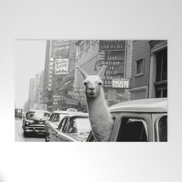 Llama Riding in Taxi, Black and White Vintage Print Welcome Mat