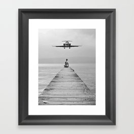 Steady As She Goes 6; aircraft coming in for an island landing female in bikini black and white photography - photographs - photograph Framed Art Print