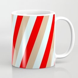 [ Thumbnail: Tan, Light Cyan, and Red Colored Stripes Pattern Coffee Mug ]