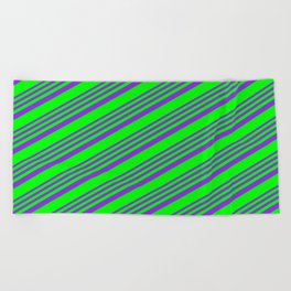 [ Thumbnail: Purple & Lime Colored Pattern of Stripes Beach Towel ]
