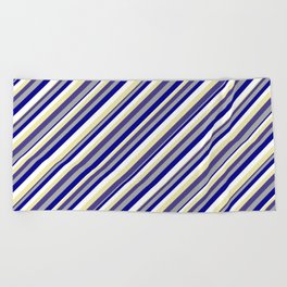 [ Thumbnail: Vibrant Dark Slate Blue, Dark Gray, Dark Blue, White, and Pale Goldenrod Colored Striped Pattern Beach Towel ]