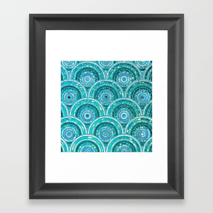 Aqua Blue Silver and Green Sparkling Glitter Circles Framed Art Print