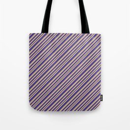 [ Thumbnail: Tan and Dark Slate Blue Colored Lines Pattern Tote Bag ]