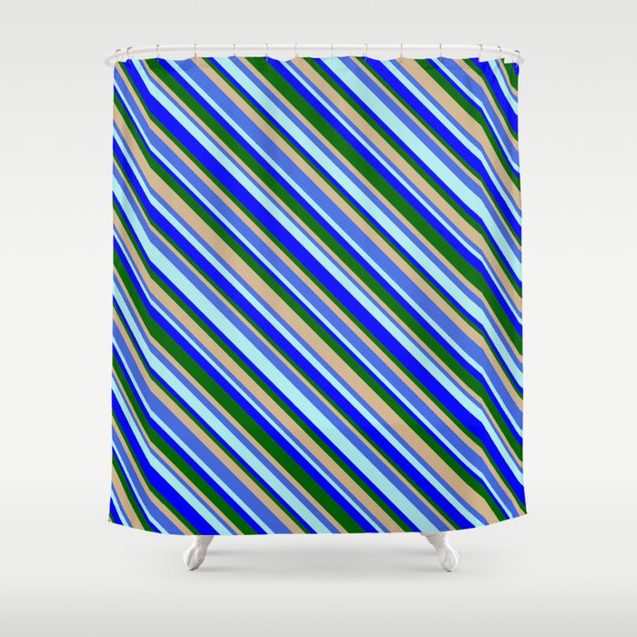Eye-catching Tan, Royal Blue, Turquoise, Blue & Dark Green Colored Pattern of Stripes Shower Curtain