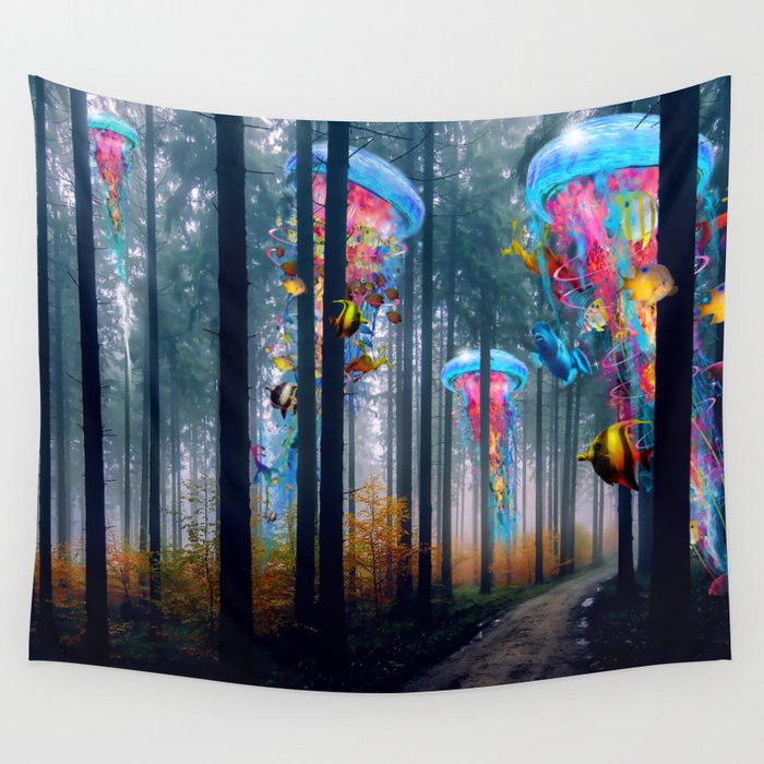 Forest of Super Electric Jellyfish Worlds Wall Tapestry