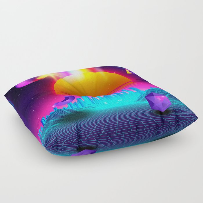 Neon sunset, city and sphere Floor Pillow