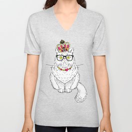 Pink White Geometric Queen Cat Crown V Neck T Shirt