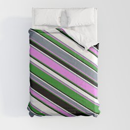 [ Thumbnail: Vibrant Slate Gray, Violet, Forest Green, Black, and White Colored Stripes Pattern Comforter ]