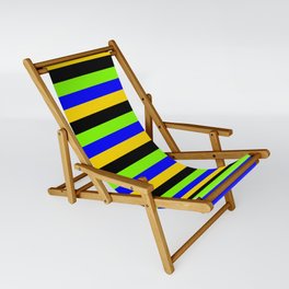 [ Thumbnail: Blue, Yellow, Black & Chartreuse Lined Pattern Sling Chair ]
