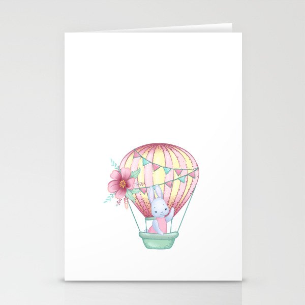 cute bunny on a pink hot air balloon Stationery Cards