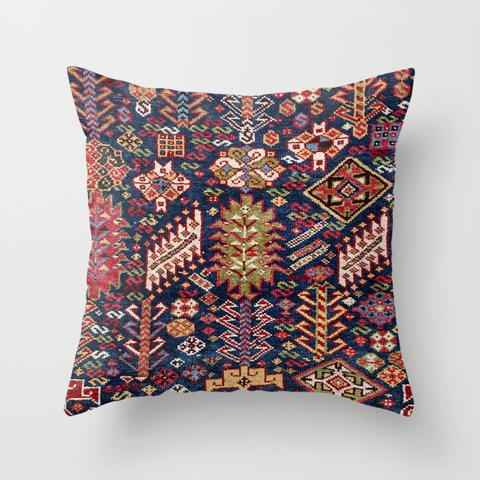 Ornamental Midnight Blue Shekarlu 19th Century Authentic Colorful Zig-Zag Vintage Patterns Throw Pillow