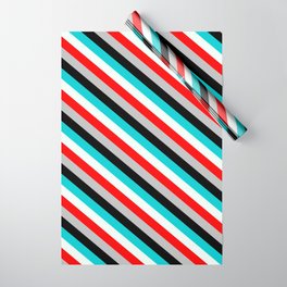 [ Thumbnail: Eye-catching Dark Turquoise, Mint Cream, Red, Grey, and Black Colored Lines/Stripes Pattern Wrapping Paper ]