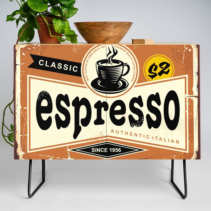 Authentic Italian espresso vintage tin sign advertise. Coffee poster. Drinks vintage illustration.  Credenza