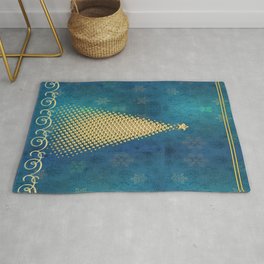 Teal Blue Snowflakes with Golden Christmas Tree  Rug