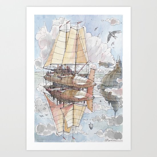 Il Veliero Volante e la Città Mongolfiera Art Print