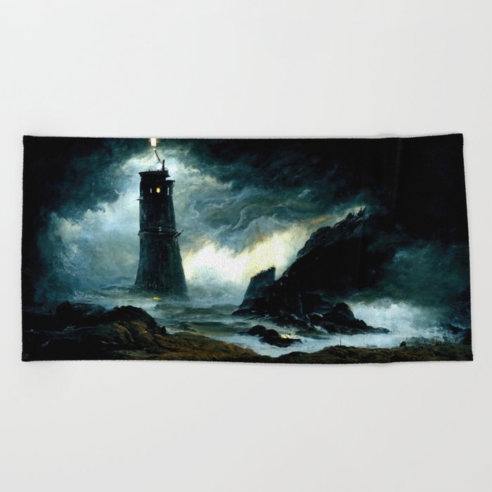 A lighthouse in the storm Beach Towel